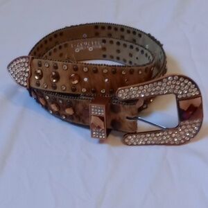 Nocona Brown Fur Belt with Rhinestone Accents